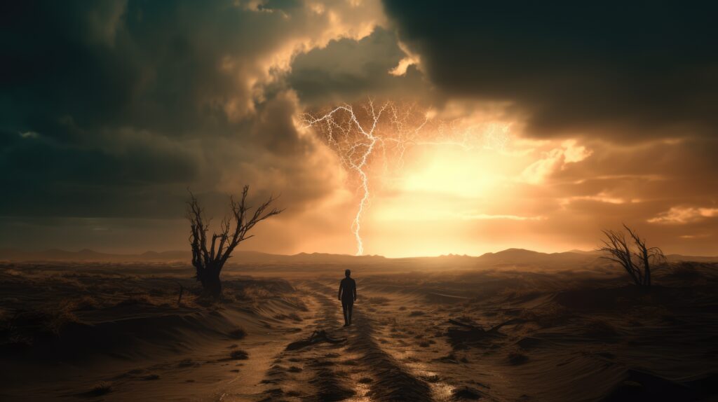 A person standing in the desert under a cloudy sky.